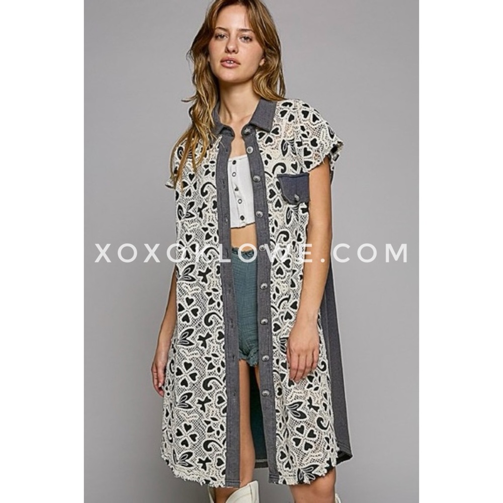 POL Ink Black Crochet Lace + Waffle Short Sleeve Button Up Shirt Dress